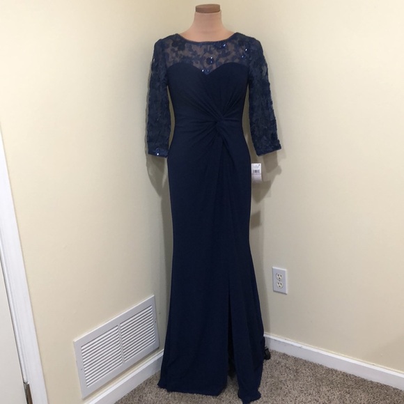 NWT Alex Evenings Formal Maxi Dress Size 6 Navy Blue Knotted Embroidered Gown - Picture 4 of 15